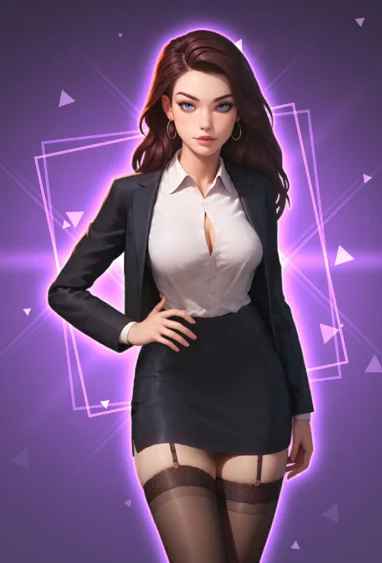 Angel, brünette Heldin im Kostüm aus Passion Industry, elegant und anspruchsvoll