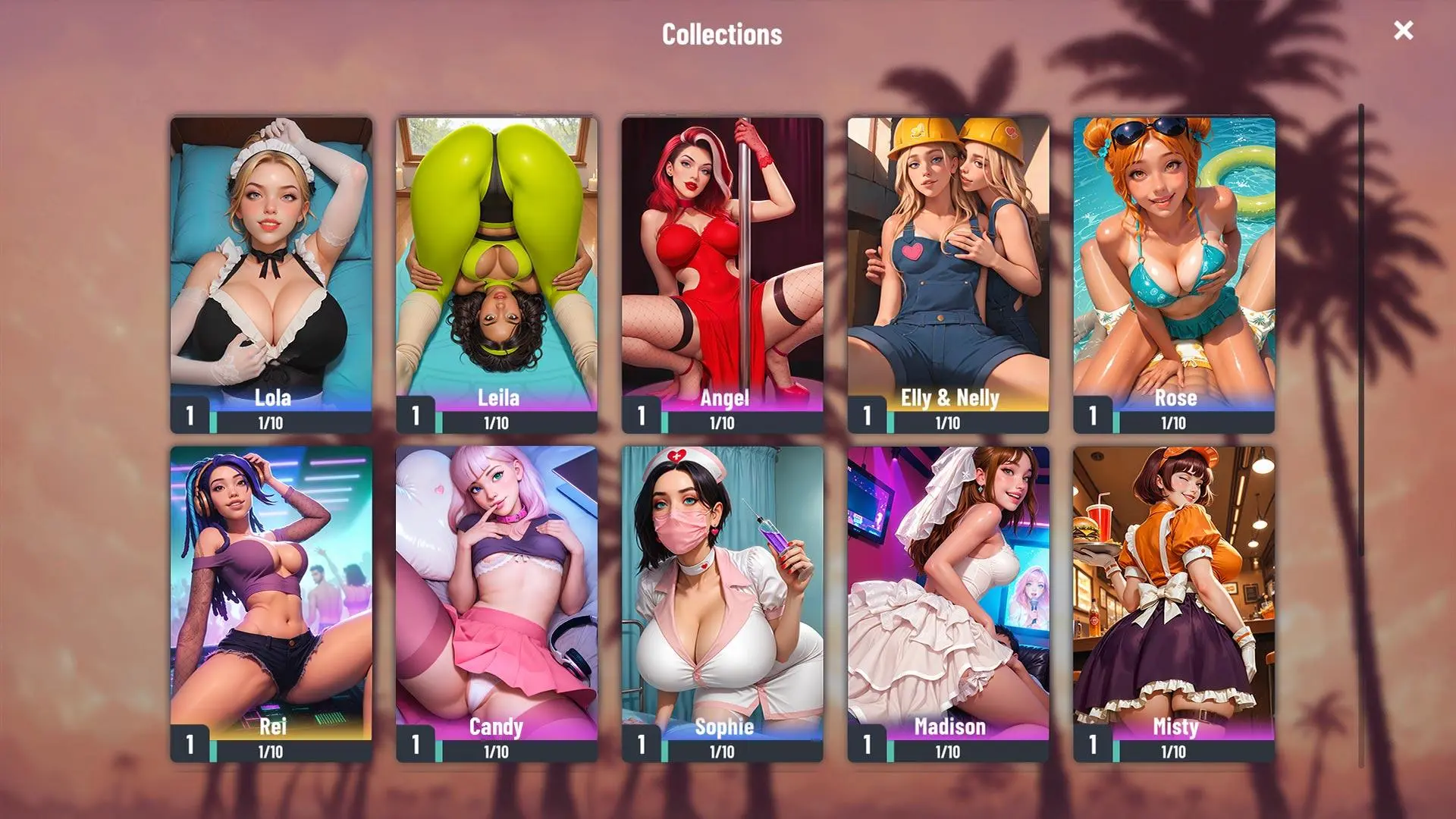 Sammlungsbildschirm von Passion Industry: Heldinnenkarten zum Sammeln (Lola, Angel, Rose, Candy, Sophie, Madison…)